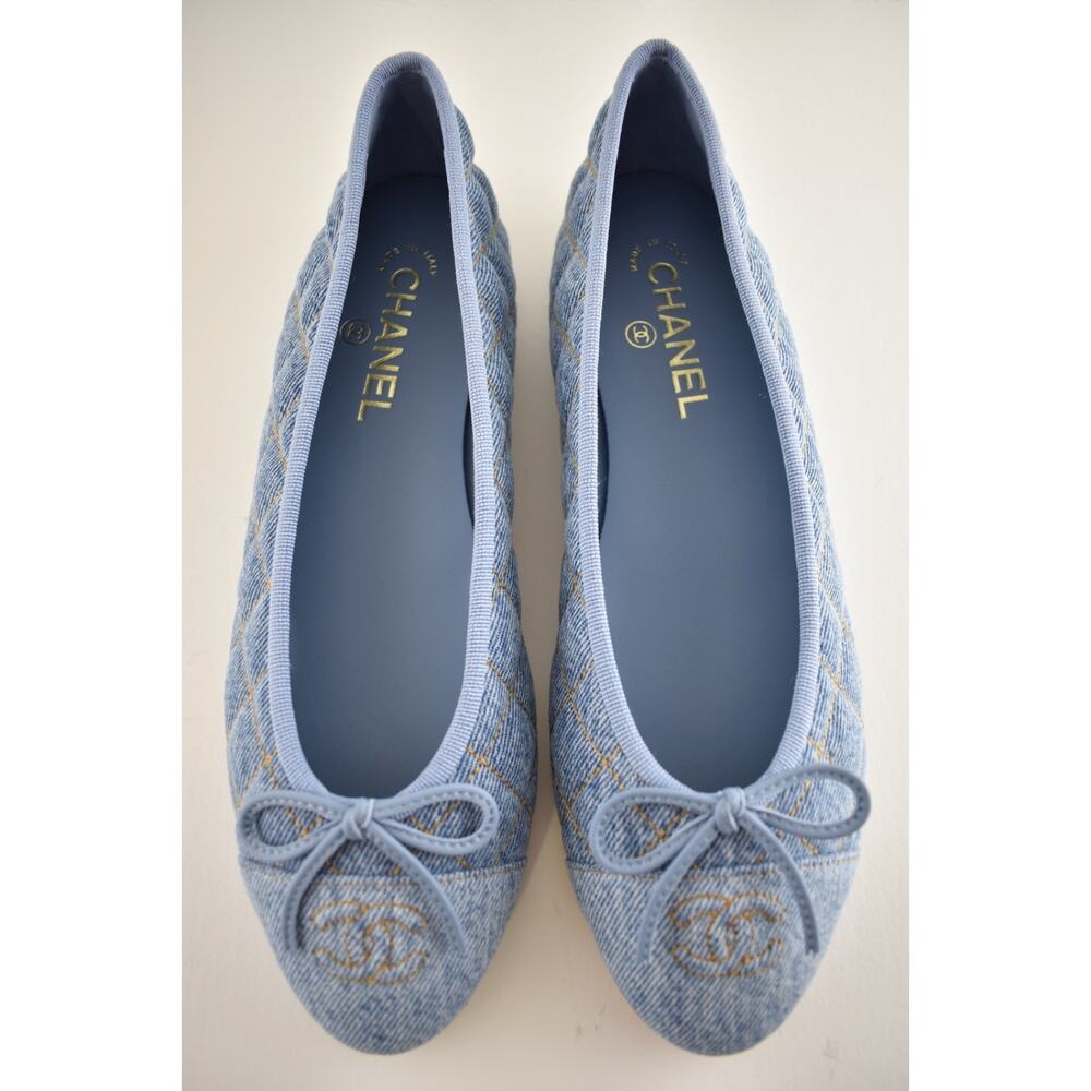 Chanel 26B Light Blue Denim Quilted CC Logo Bow Tie Ballet Ballerina Flat 38 - Picture 7 of 16
